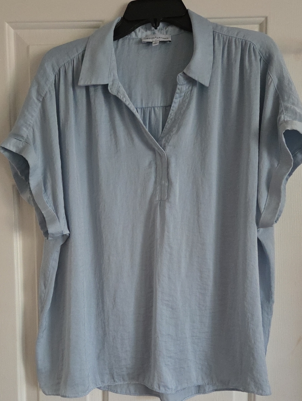 Gibson And Latimer Silky Light Blue Women's Short Sleeve V-Neck Blouse